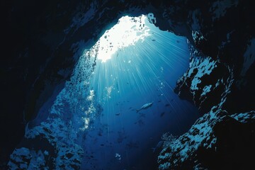 Underwater Cave with Light Beams and Fish