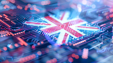 United Kingdom flag on a computer motherboard chip Digital UK internet technology cybersecurity concept