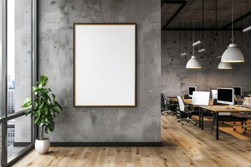 Modern Office Interior with Blank Frame and View of Cityscape