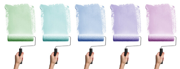 Set of hand painting holding roller brush with streak smear paint pastel colours of green blue purple violet aqua turquoise on transparent cutout PNG file. Mockup template for artwork design