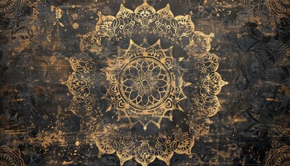 Wall Mural - Abstract gold mandala pattern on black background.