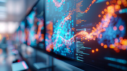 data analysis center with futuristic computer interface showing big data analysis software processin