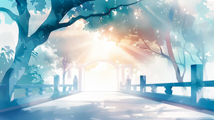 Wall Mural - Beautiful scenery background art illustration sun shining through trees archway bridge peaceful landscape ethereal nature beauty tranquility serenity calmness concept art dreamy idyllic tranquil