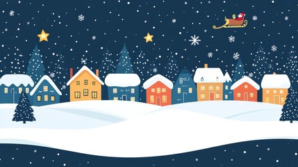 Wall Mural - Simple Christmas scene vector illustration, houses and trees in snow, simple shapes and lines, aesthetic graphic design, perfect as a Christmas card template