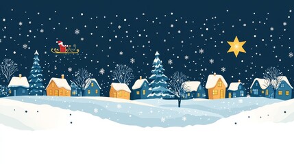 Wall Mural - Simple Christmas scene vector illustration, houses and trees in snow, simple shapes and lines, aesthetic graphic design, perfect as a Christmas card template