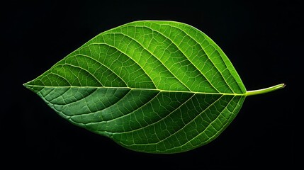 A single green leaf isolated against a black background.