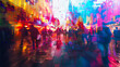 © Hoody Baba - Blurred people walking down a city street at night with abstract colorful lights and reflections technology innovation digital art futuristic cityscape urban