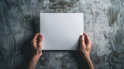 Wall Mural - A close-up of hands holding a blank white sheet of paper, with a textured gray concrete background