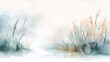 © Hoody Baba - Watercolor painting of grass and reeds by the water landscape scenery nature tranquil serene peaceful misty hazy atmospheric soft delicate muted tones gentle colors ethereal dreamy calming meditative