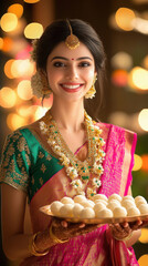 Wall Mural - Young indian woman in traditional attire holding laddoo plate