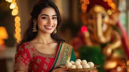 Wall Mural - Young indian woman in traditional attire holding laddoo plate