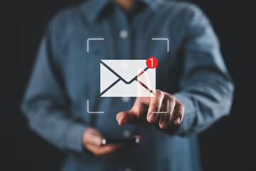 Fototapete - New email notification interaction concept. A person interacting with a floating digital interface showing a new email notification symbol, a concept for online communication. E-mail marketing,
