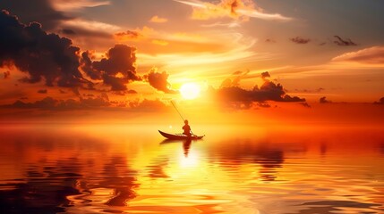 Poster - Silhouette of a person in a boat at sunset.