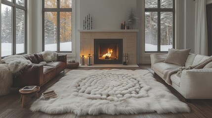 Poster - Cozy Living Room with Fireplace and Winter View