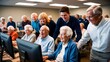 © Alice - The image shows a group of elderly people learning to use computers in a classroom, assisted by younger instructors. The scene emphasizes community, learning, and the bridging of the digital divide.