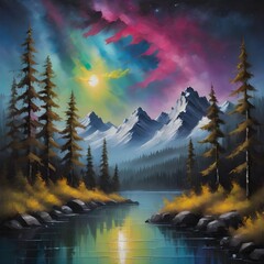 Wall Mural - This exquisite painting captures the serene beauty of a mountain lake surrounded by lush forests, enhanced by a vibrant rainbow arching gracefully across the sky