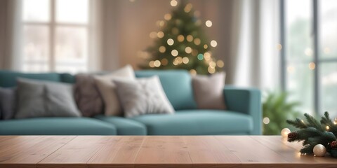 Wall Mural - A wooden table in the foreground with a blurred living room scene in the background, including a teal sofa and Christmas lights