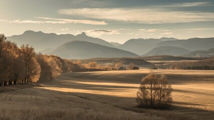 Autumn aesthetic landscape panorama, muted neutral colors.