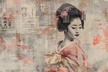 Wall Mural - Japanese geisha ephemera border collage adult text.