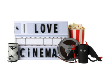 PNG, Reel, lightbox with text, popcorn and paper Halloween figurines, isolated on white background