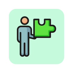 Wall Mural - Man holding puzzle piece line icon. Solution, decision, problem. Idea concept. Vector illustration can be used for topics like business, planning, creativity