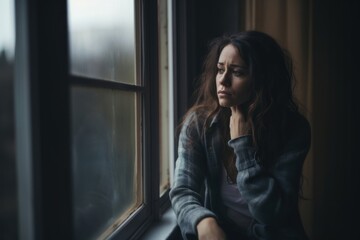 Wall Mural - image of sad person looking out window.