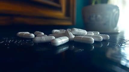 Wall Mural - A rounded pill, highlighting its details and texture. The simple background keeps the focus on the pill, making this image ideal for medical and health-related content. Versatile for use.