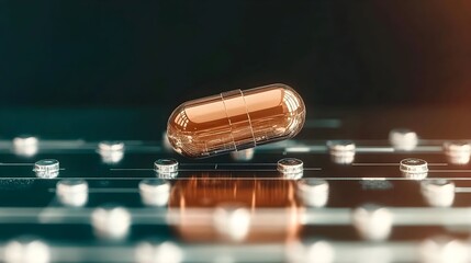 Wall Mural - A rounded pill, highlighting its details and texture. The simple background keeps the focus on the pill, making this image ideal for medical and health-related content. Versatile for use.