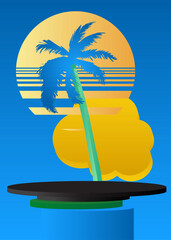 Wall Mural - Mockup product display with Palm Tree. Vector cylinder pedestal podium. Stage showcase for presentation. Minimal geometric forms.