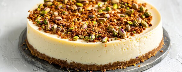 Cheesecake with a pistachio crust and topping, isolated on white, nutty and unique