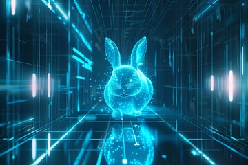 Wall Mural - Digital rabbit in glowing blue lines, futuristic tech concept.