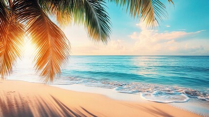 Wall Mural - Golden Hour Paradise: Tranquil turquoise waters lap at a pristine sandy shore beneath the gently swaying fronds of a palm tree, bathed in the warm glow of a tropical sunset. 