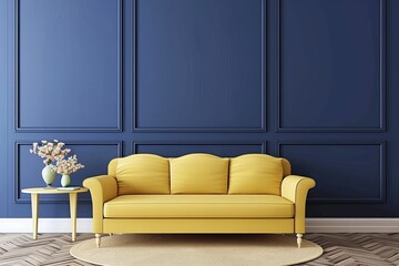 Wall Mural - Yellow sofa in a room with blue wainscoting and a side table.