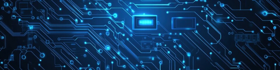 Futuristic digital circuit board vector with blue engineering elements and cyber connections on a technology panorama background