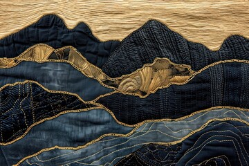 Wall Mural - Embroidery with mountain black and gold pattern textile quilt.