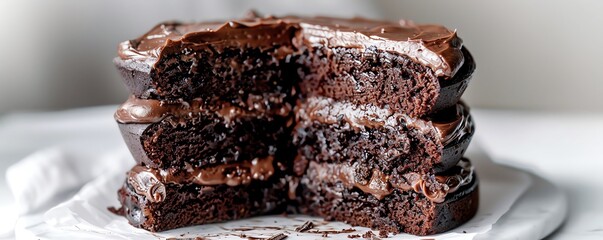 Rich chocolate cake with a layer of creamy frosting, closeup, against a white background