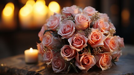 Poster - Elegant Bouquet of Pink Roses with Candlelight