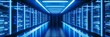 © nopommajun - A high-tech data center corridor illuminated by blue LED lights, housing advanced servers and networking equipment for cloud computing.