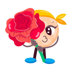 Sticker - Cute cartoon proposing with flower, flat sticker 

