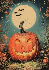 Canvas Print - Vintage halloween postcard anthropomorphic jack-o'-lantern representation.