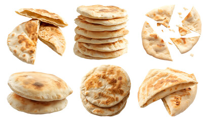 Wall Mural - Pita Pitta Arabic Lebanese bread flatbread bun on transparent cutout, PNG file. Many assorted different angles, stack, pile, torn, pieces. Mockup template for artwork design