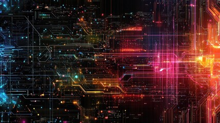 Wall Mural - Cyberpunk Cityscape: A neon labyrinth of digital circuits pulses with vibrant energy, embodying the future of technology and innovation. 