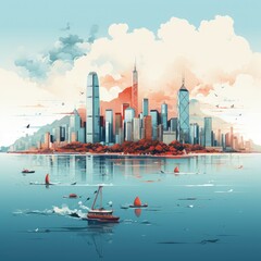 Wall Mural - Minimalistic Hong Kong Skyline in Clean Line Art Illustration