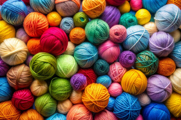 Background of colorful balls of wool threads for knitting, vibrant colors pattern, material for handmade items