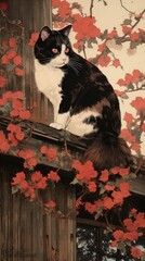 Sticker - Traditional japanese wood block print illustration of a Calico Cat with flower on the roof animal mammal plant.