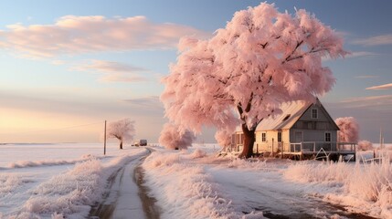 Poster - Frozen Wonderland: A Wintery Cottage with Frosty Trees