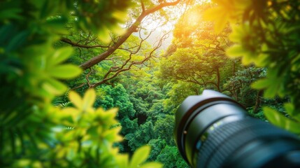 Wall Mural - An enchanting view of a forest with vibrant trees, rich foliage, and a sprawling canopy, offering a glimpse into the heart of the wild and untamed greenery.