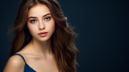 Portrait of a serious aggressive teenage girl with perfect skin, dark blue background, banner.