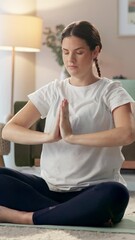 Poster - Pregnant woman, calm and meditation on floor in home for mindfulness, emotional balance and stress relief. Girl, eyes closed and praying hands for breathwork, prenatal yoga and maternity wellness.