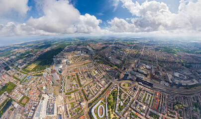 Wall Mural - The Hague, Netherlands. Panorama of the summer city in clouds weather. HEAD OVER SHOT. Aerial view